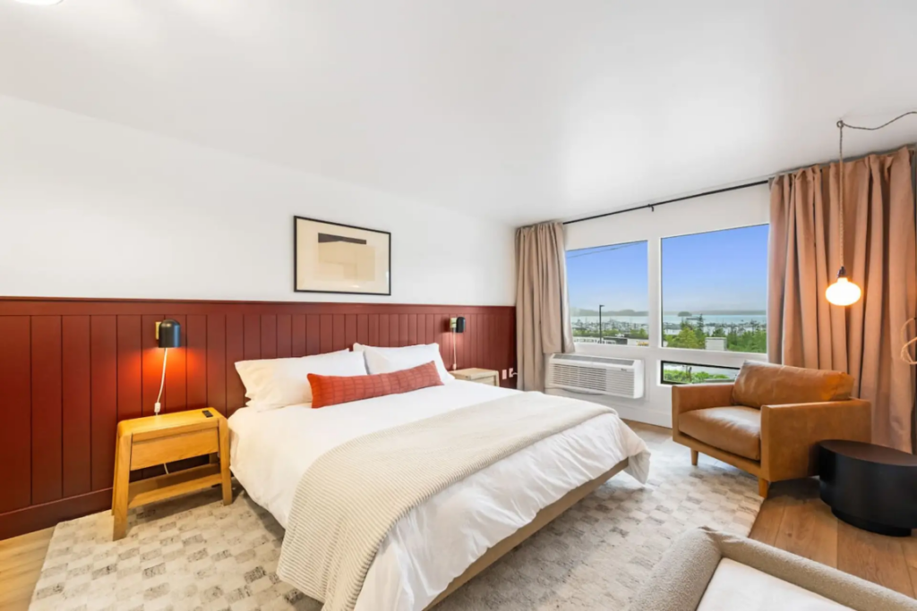 Modern hotel room with large bed and window view