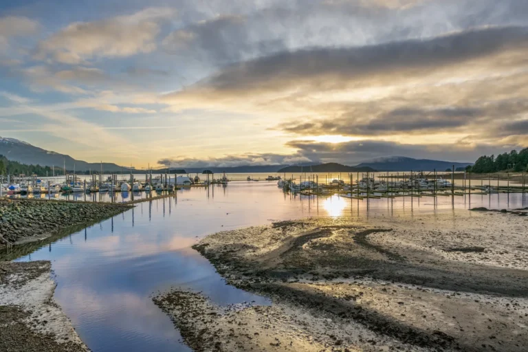 Serene marina at sunset with boats and mountains