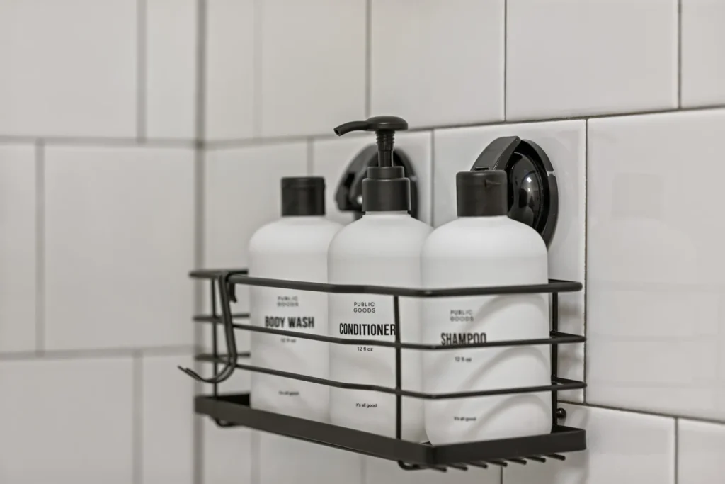 Shower bottles of body wash, conditioner, and shampoo