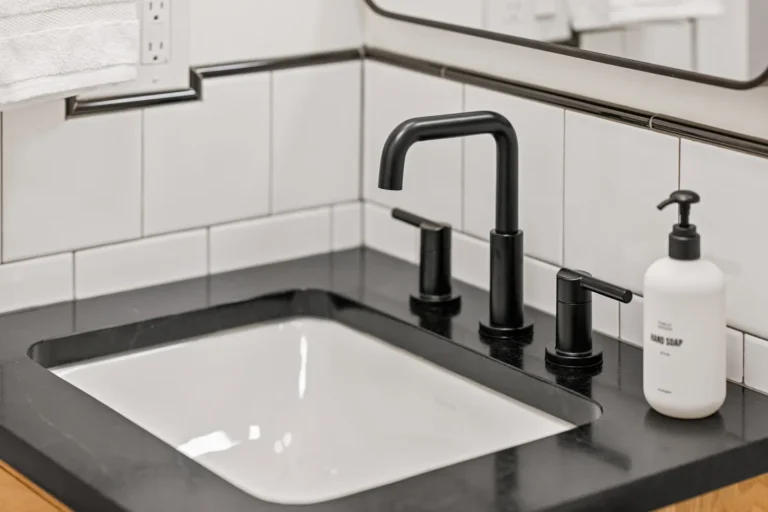 Modern bathroom sink with black faucet and soap
