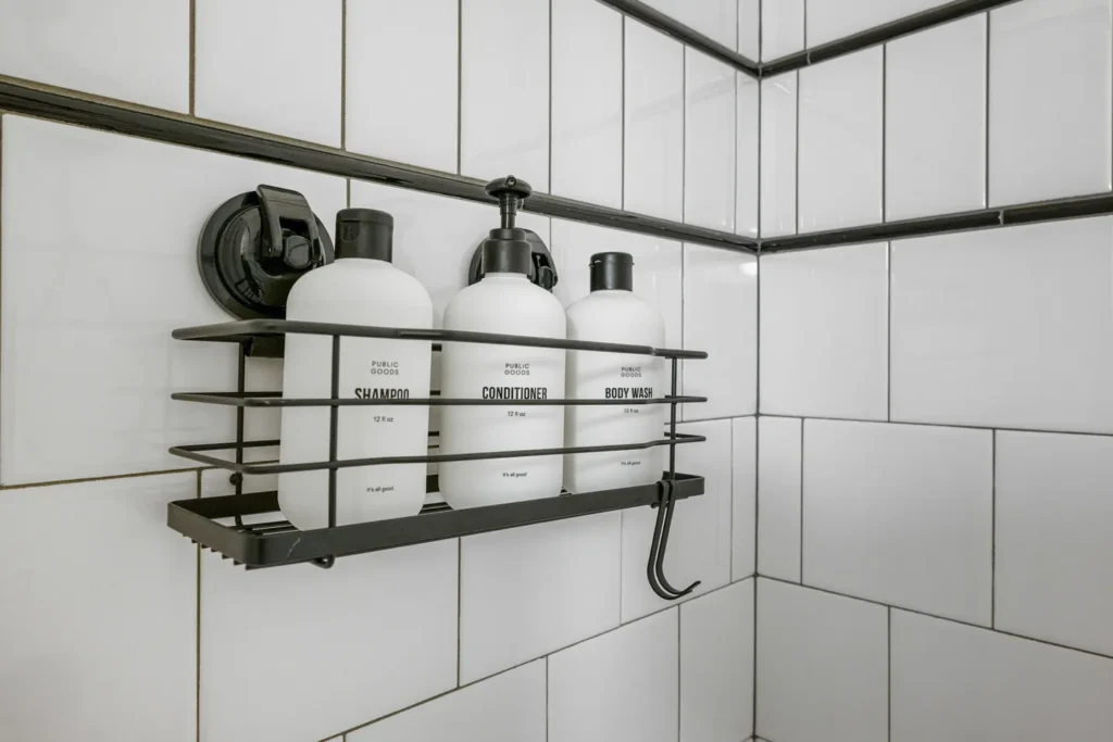 Shampoo, conditioner, and body wash in shower caddy