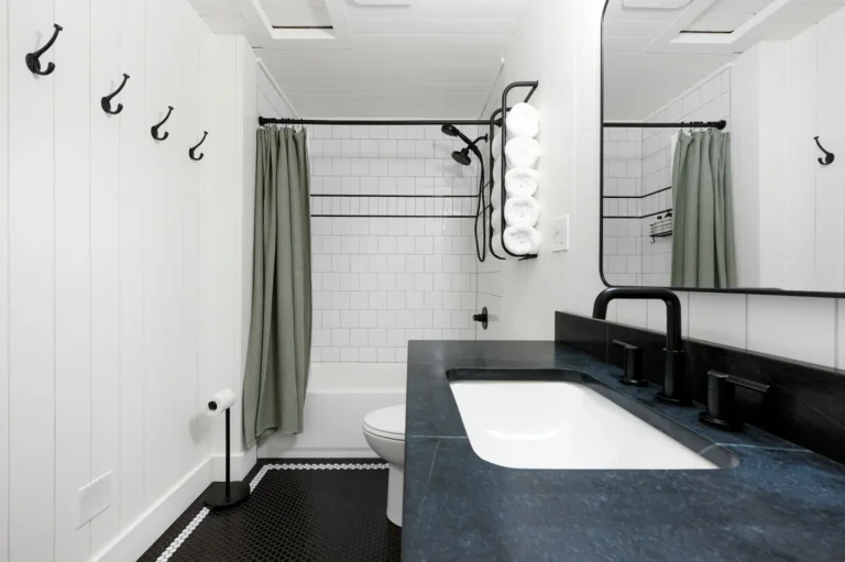 Modern black and white bathroom with shower curtain