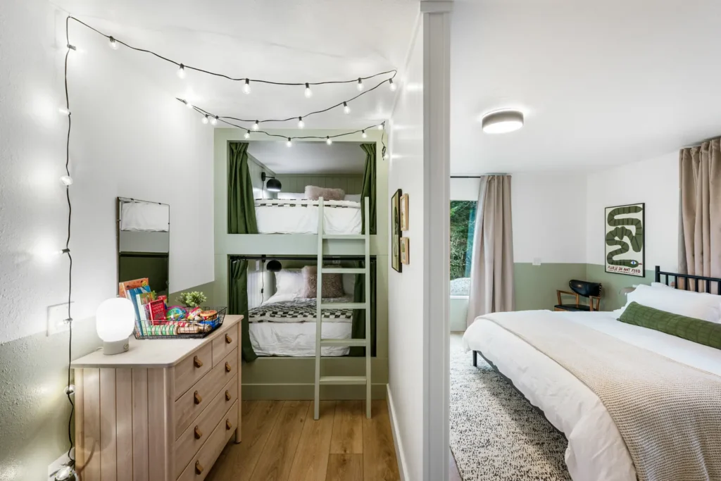 Modern bedroom with bunk beds and cozy lighting