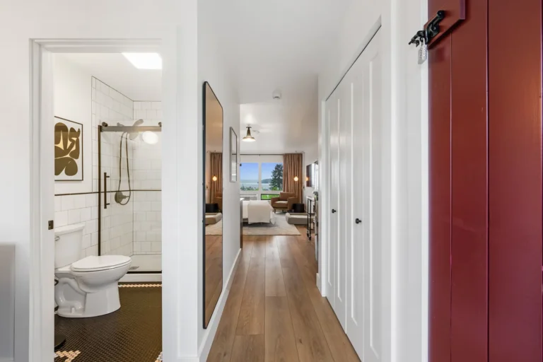 Modern hallway leading to living room and bathroom