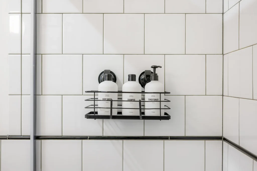 Shower rack with body wash shampoo conditioner bottles