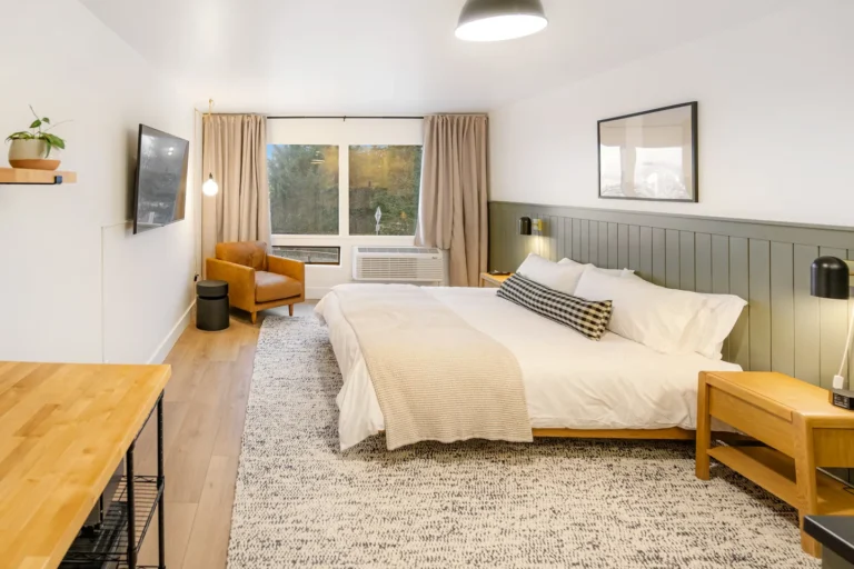 Modern cozy bedroom with king bed and window view