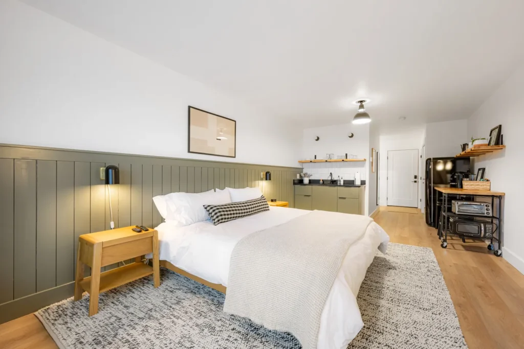 Modern bedroom with kitchenette and cozy decor