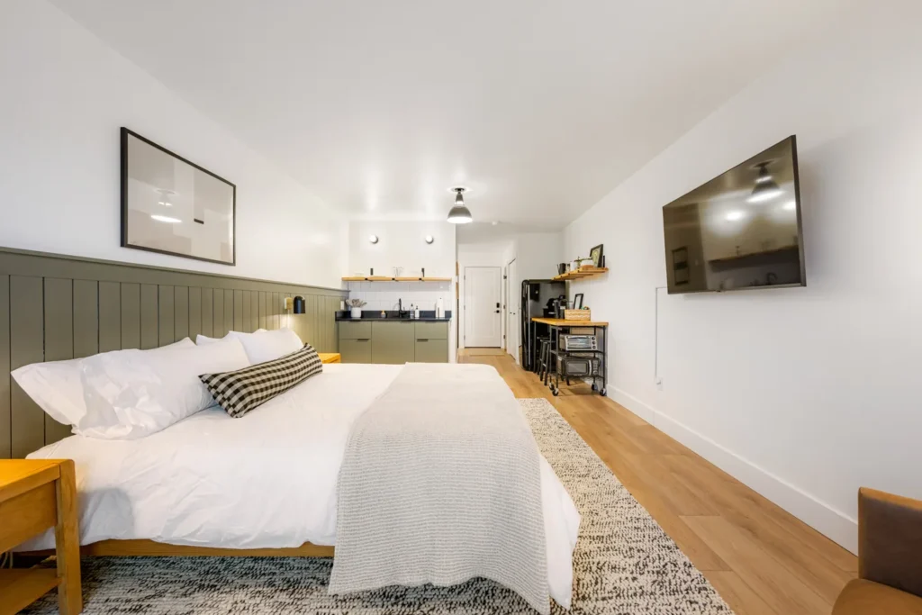 Modern bedroom with kitchenette and large TV