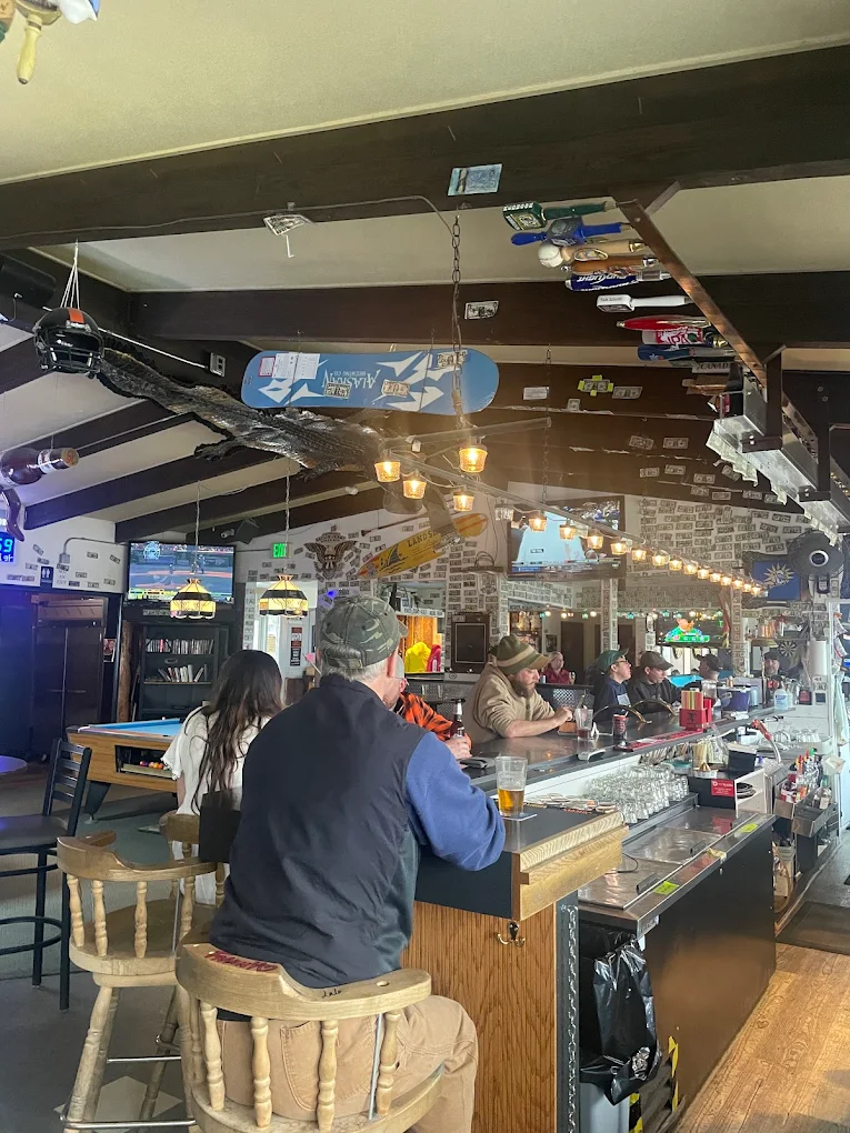 People sitting at bar in cozy mountain pub