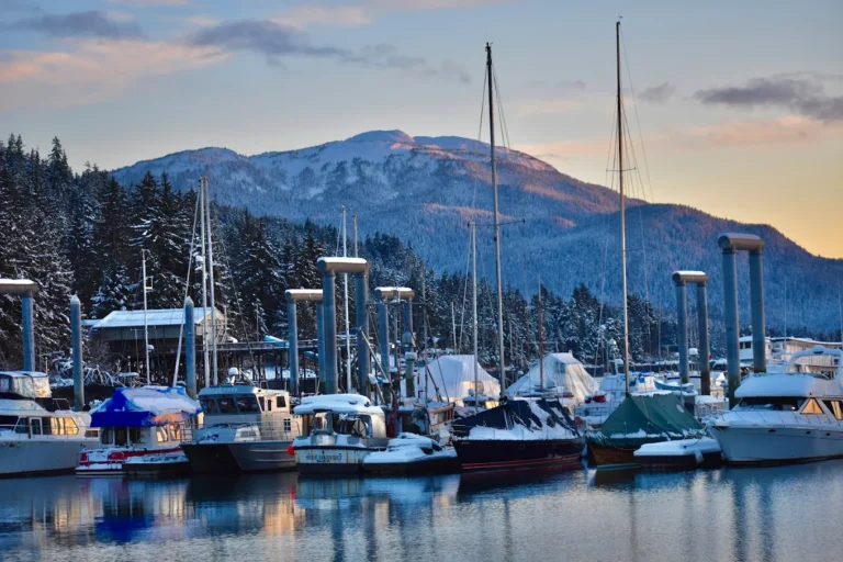 Snowy marina with boats and mountain backdrop